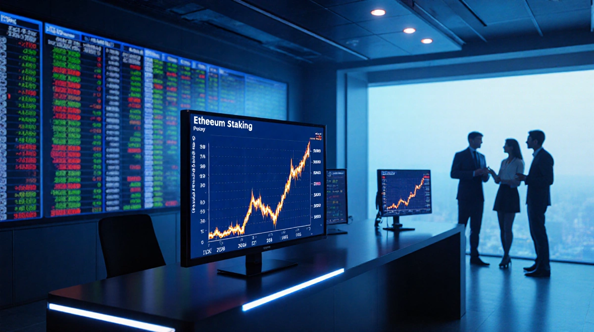 Ethereum staking traders monitor rising value screens with blue tech gradient and excited team conversation