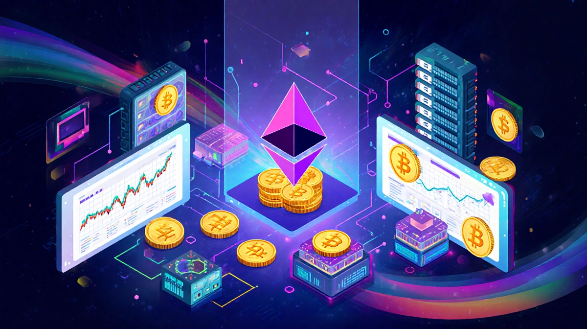 Screens glow with token icons and swirling colors showing tokenized stocks stablecoins deposits with circuit board background