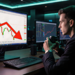 Trader sits intensely in a dim trading floor with a red arrow on the Ethereum chart and a cold coffee.