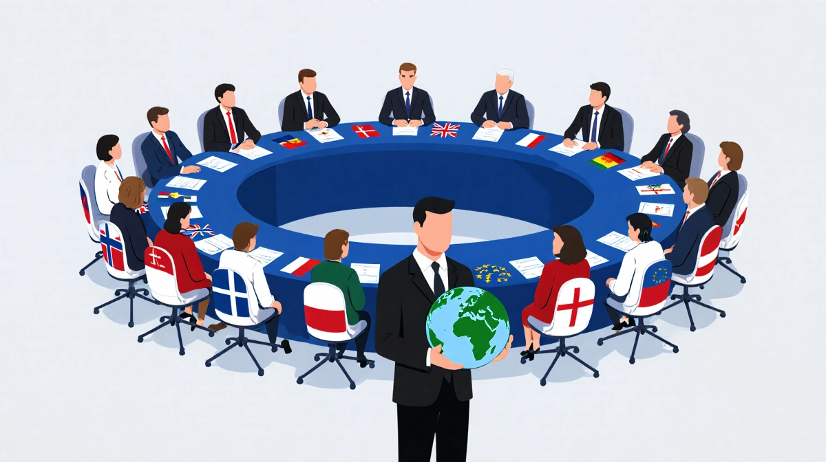 Danish ambassador stands holding globe with EU flags circling round table and seated delegates