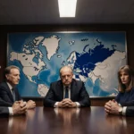 EU leaders sit around table with hands clasped and Europe map showing tense trade deal meeting