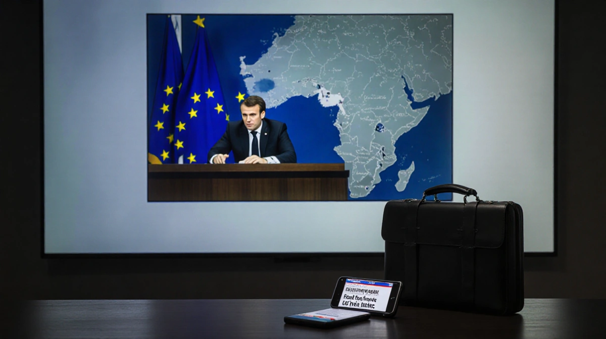 Empty room with EU meeting on large screen and briefcase representing trade tensions with news phone nearby