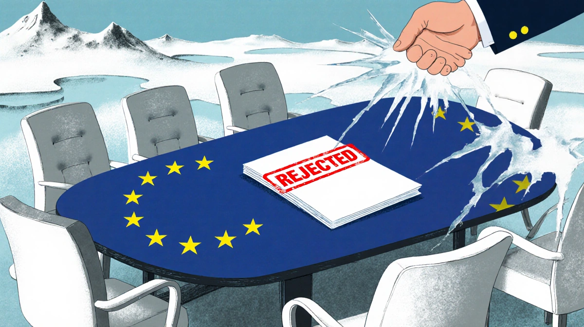 Seven empty chairs surround a diplomatic table with rejected document showing red stamp and broken handshake gesture in icy G