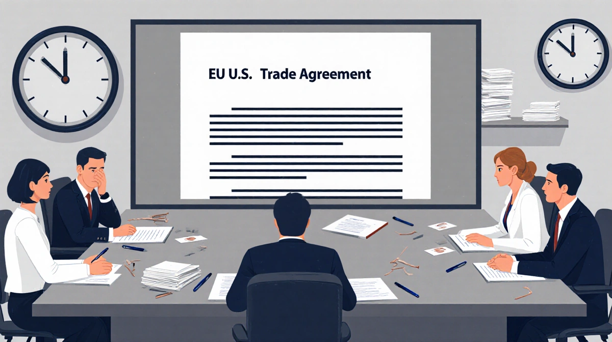 European lawmakers debating trade agreement at parliamentary table with paused clock and stacked papers showing negotiation d
