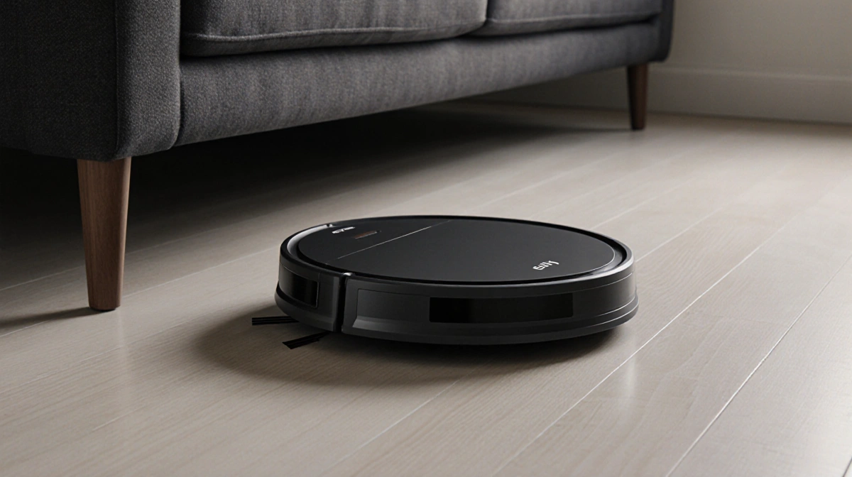 Ultra-slim robot vacuum gliding under couch with low profile showing 2.85 inch height