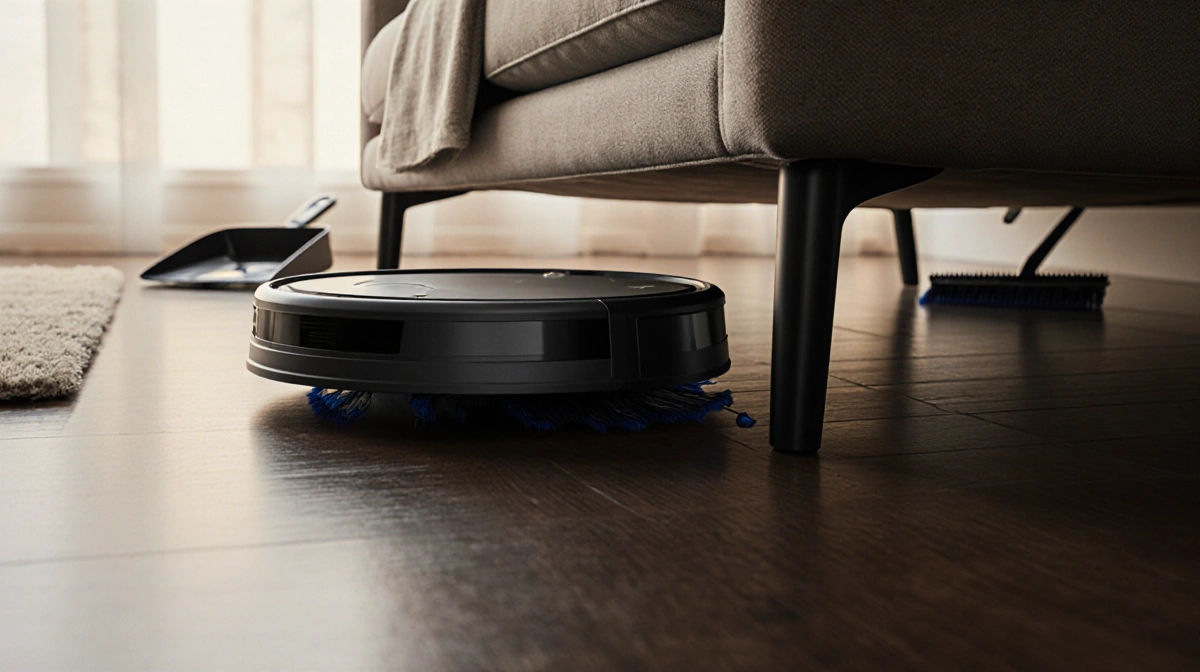 Eufy 11S Max robot vacuum gliding under couch with spinning brushes and cleaning supplies on dark hardwood floor