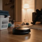 Eufy robot vacuum resting on clean hardwood floor with laundry baskets and person relaxing on couch in background