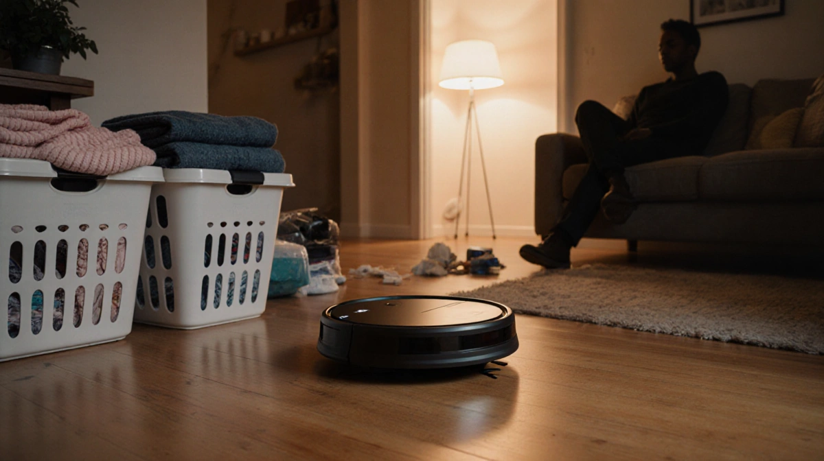 Eufy robot vacuum resting on clean hardwood floor with laundry baskets and person relaxing on couch in background