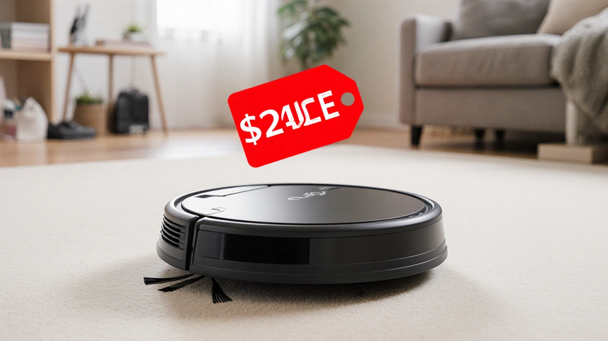 Eufy C10 robot vacuum sits angled on clean floor with red price tag clipped over retail price and blurred living room behind