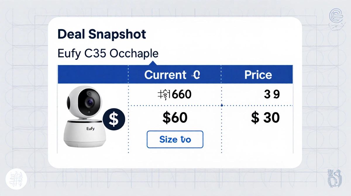Eufy C35 security camera sits on grid-patterned table with $60 price tag and $30 savings showing nearby