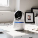 Compact Eufy security camera sits on cluttered desk with laptop and family photos showing home protection