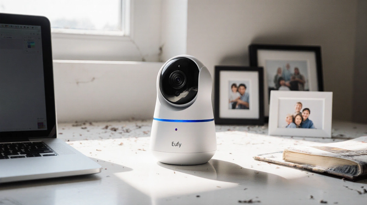 Compact Eufy security camera sits on cluttered desk with laptop and family photos showing home protection