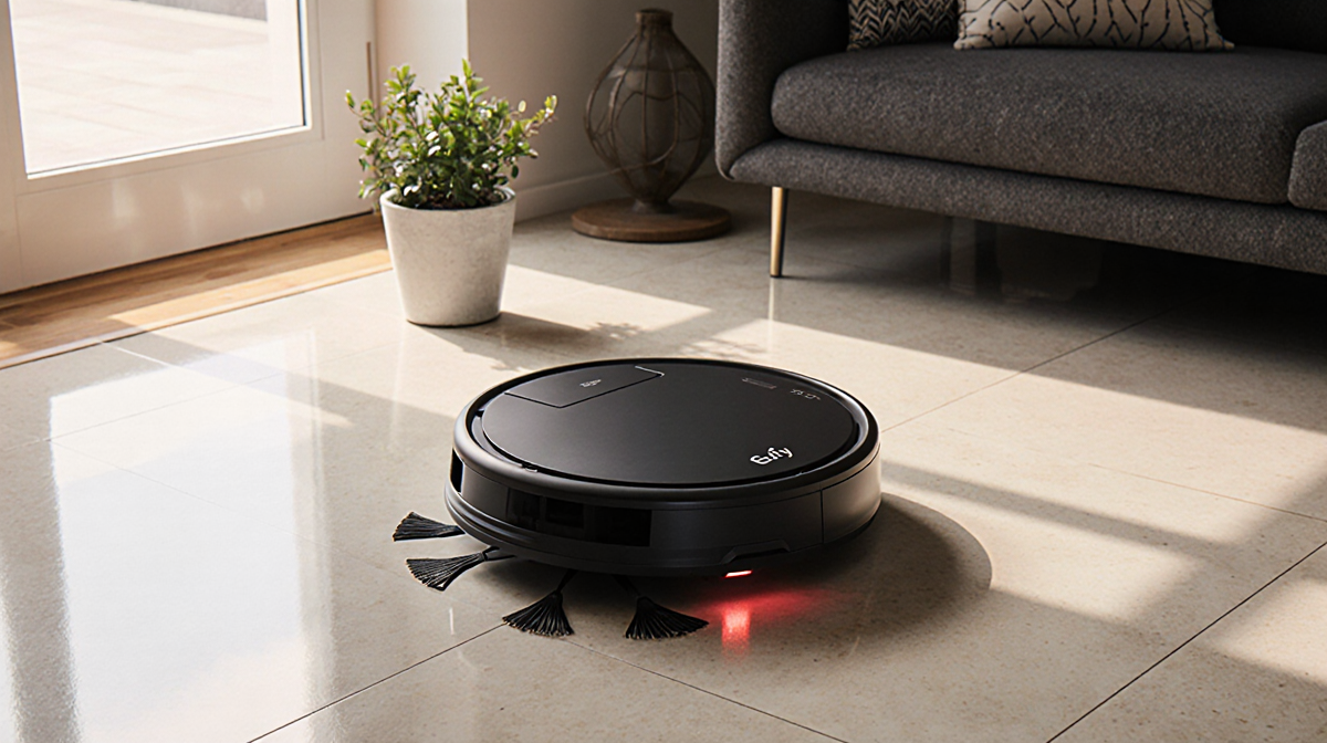Robot vacuum glides across polished floor with warm lighting and a potted plant in a modern living room during cleaning.