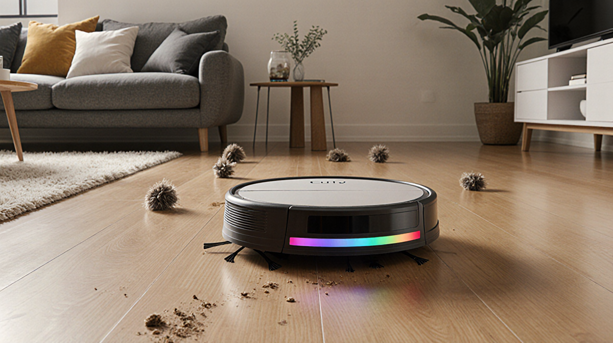 Robot vacuum cleaning dust bunnies on hardwood floor in a warm living room with neutral decor