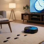 Eufy Robot Vacuum E28 cleaning living room floor with tidy trail behind and warm lamp light