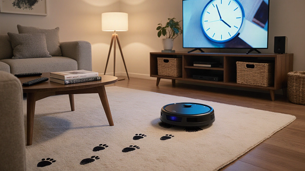 Eufy Robot Vacuum E28 cleaning living room floor with tidy trail behind and warm lamp light