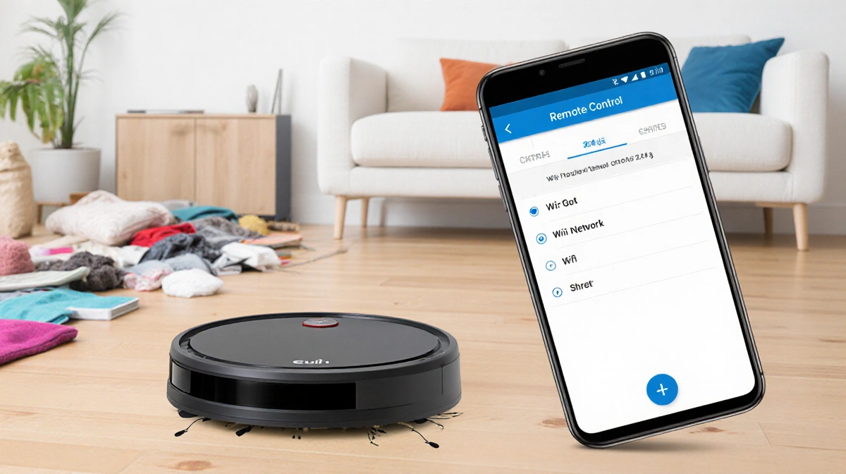 Smartphone controls Eufy vacuum with Wi-Fi interface in clean modern living room