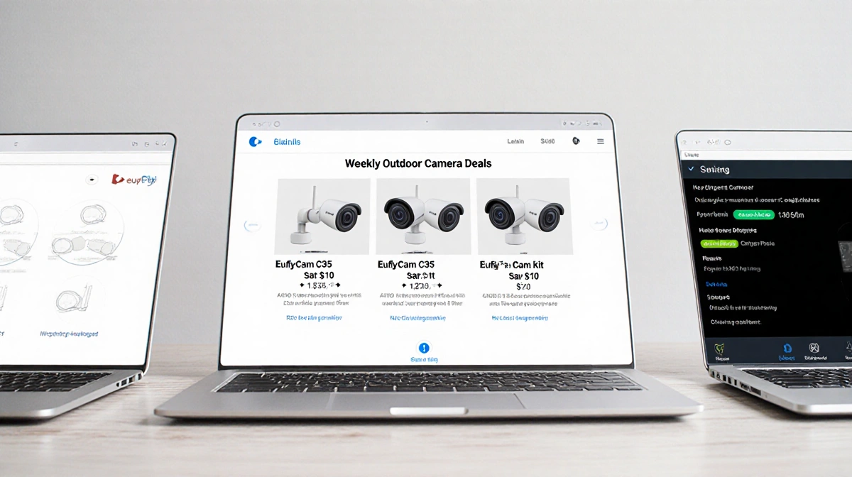 Three laptops on table showing EufyCam C35 security cameras with $130 sale prices and savings visible on center screen