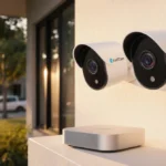 Two EufyCam C35 security cameras mounted on modern home wall with HomeBase Mini and warm afternoon sunlight