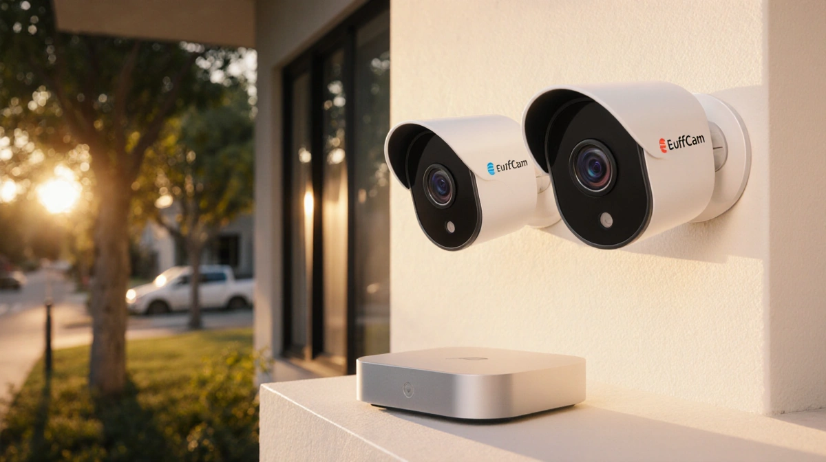 Two EufyCam C35 security cameras mounted on modern home wall with HomeBase Mini and warm afternoon sunlight