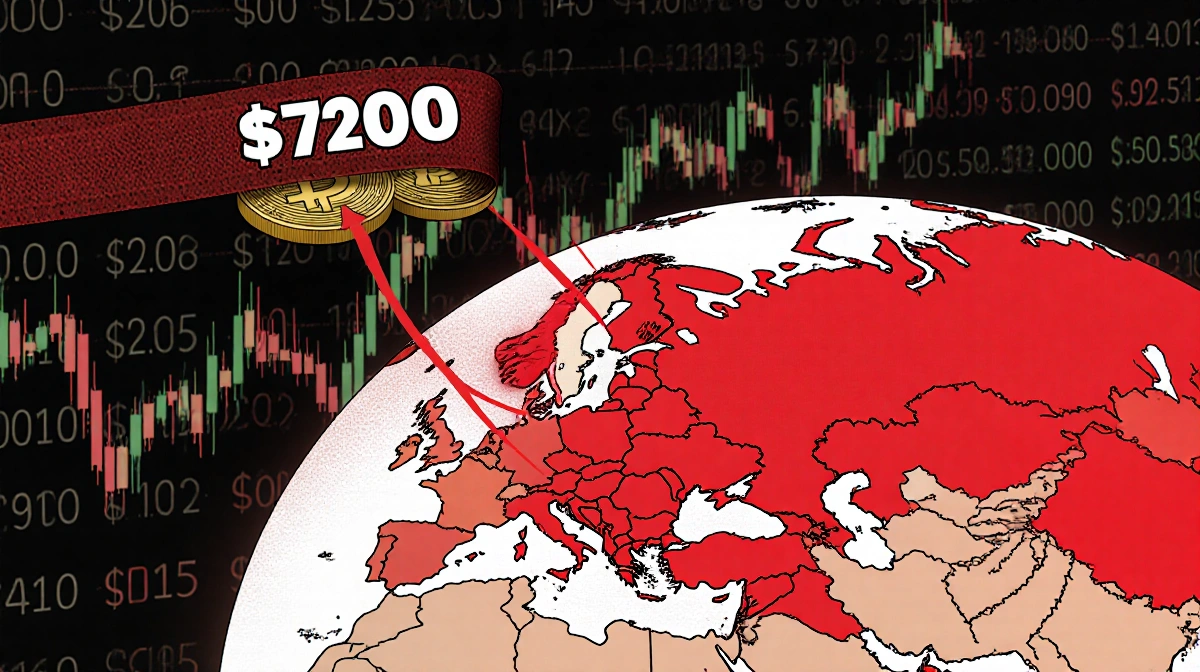European nations glow red on globe with trade routes linking US and EU while Bitcoin chart fluctuates below