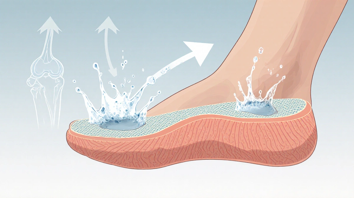 Foot wearing EVA cushioned sole showing impact absorption with arrows indicating ankle and knee relief