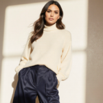 Eva Longoria poses confidently with navy blue wide-leg pants and cream sweater under warm natural light