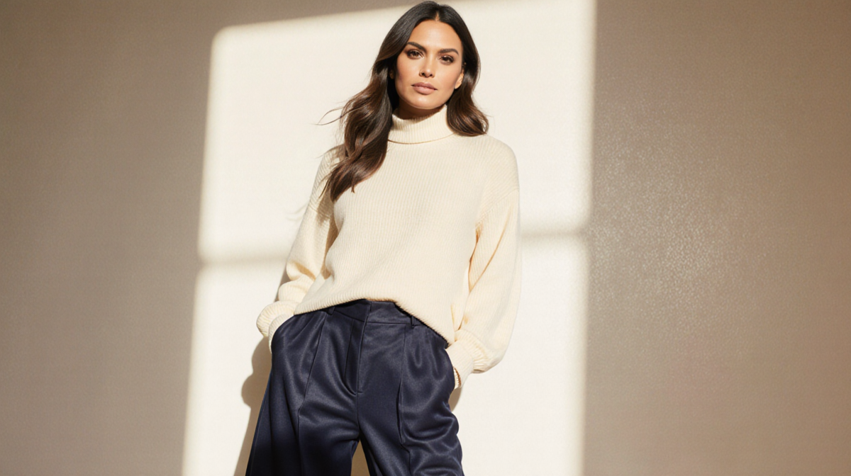 Eva Longoria poses confidently with navy blue wide-leg pants and cream sweater under warm natural light