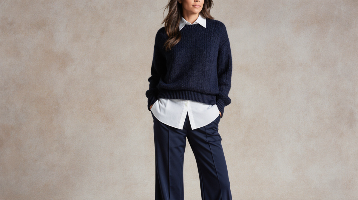 Eva Longoria standing with navy wide leg pants and soft navy sweater relaxed pose
