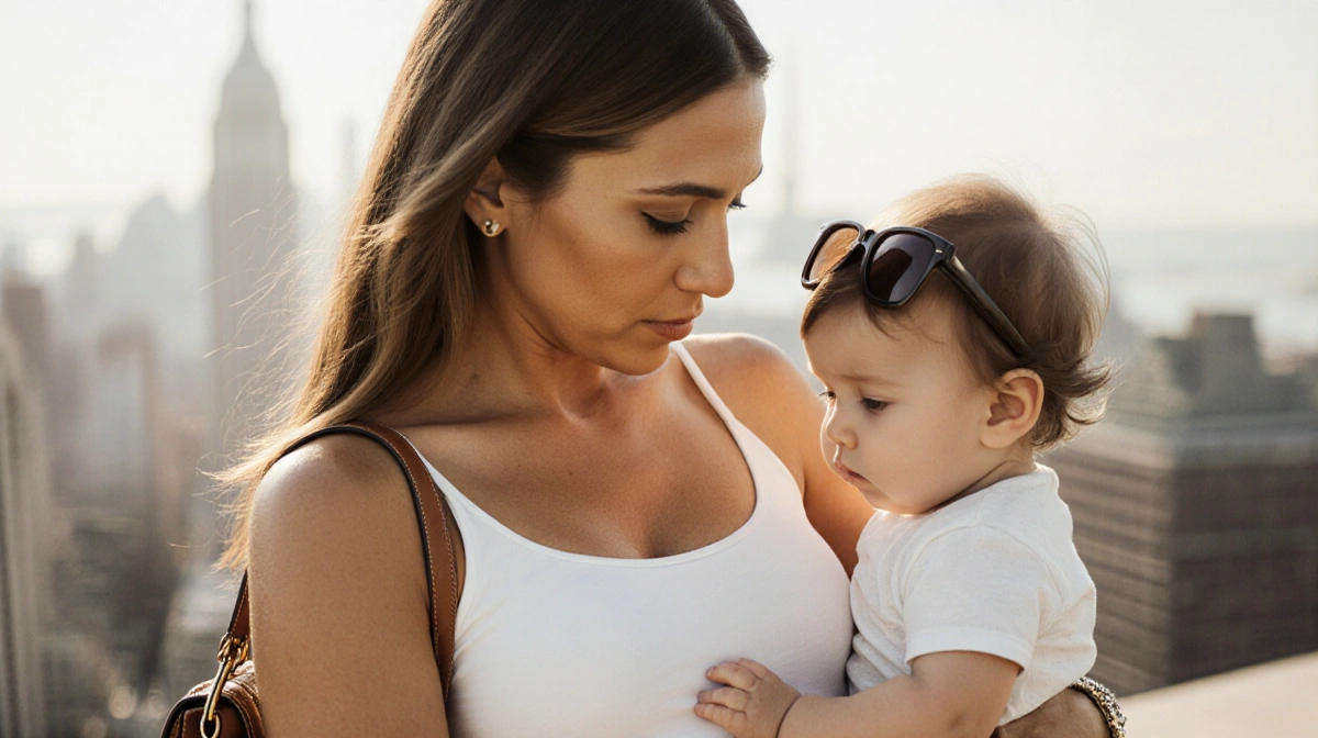 Eva Mendes holding her baby with visible baby bump and looking down with love near city skyline