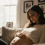 Eva Mendes resting her hand on baby bump with soft natural light streaming through window and family photos on wall