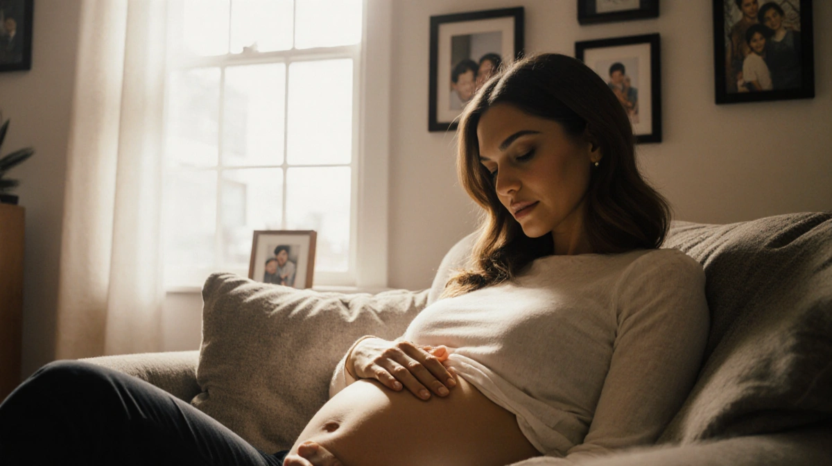 Eva Mendes resting her hand on baby bump with soft natural light streaming through window and family photos on wall