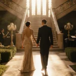 Eva Noblezada and Reeve Carney walking hand-in-hand through Art Deco gardens with golden lighting and elegant attire