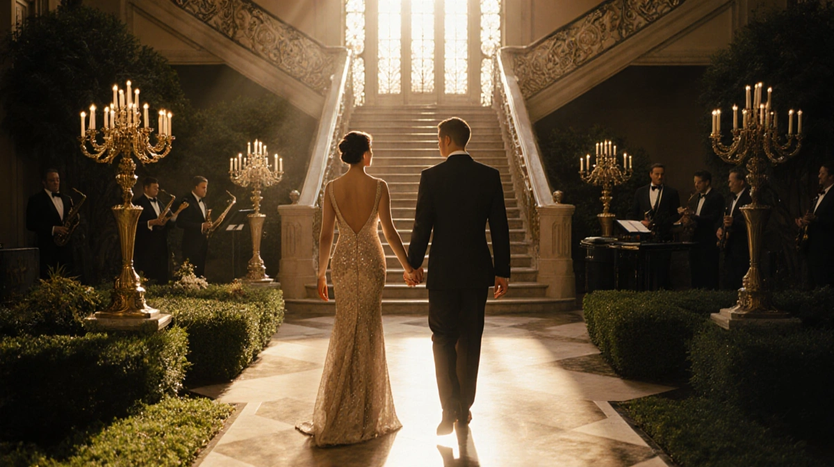 Eva Noblezada and Reeve Carney walking hand-in-hand through Art Deco gardens with golden lighting and elegant attire