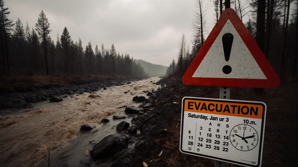 Warning sign with evacuation symbol standing near forest edge with muddy flow into river and clock showing Saturday Jan 3 10