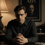 Evan Peters sits with clasped hands in dim study with old cameras and AHS Season 13 poster behind him