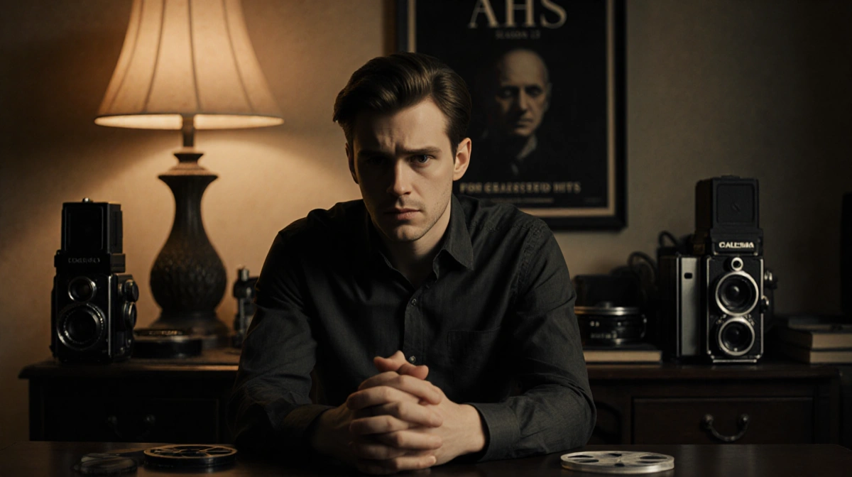 Evan Peters sits with clasped hands in dim study with old cameras and AHS Season 13 poster behind him