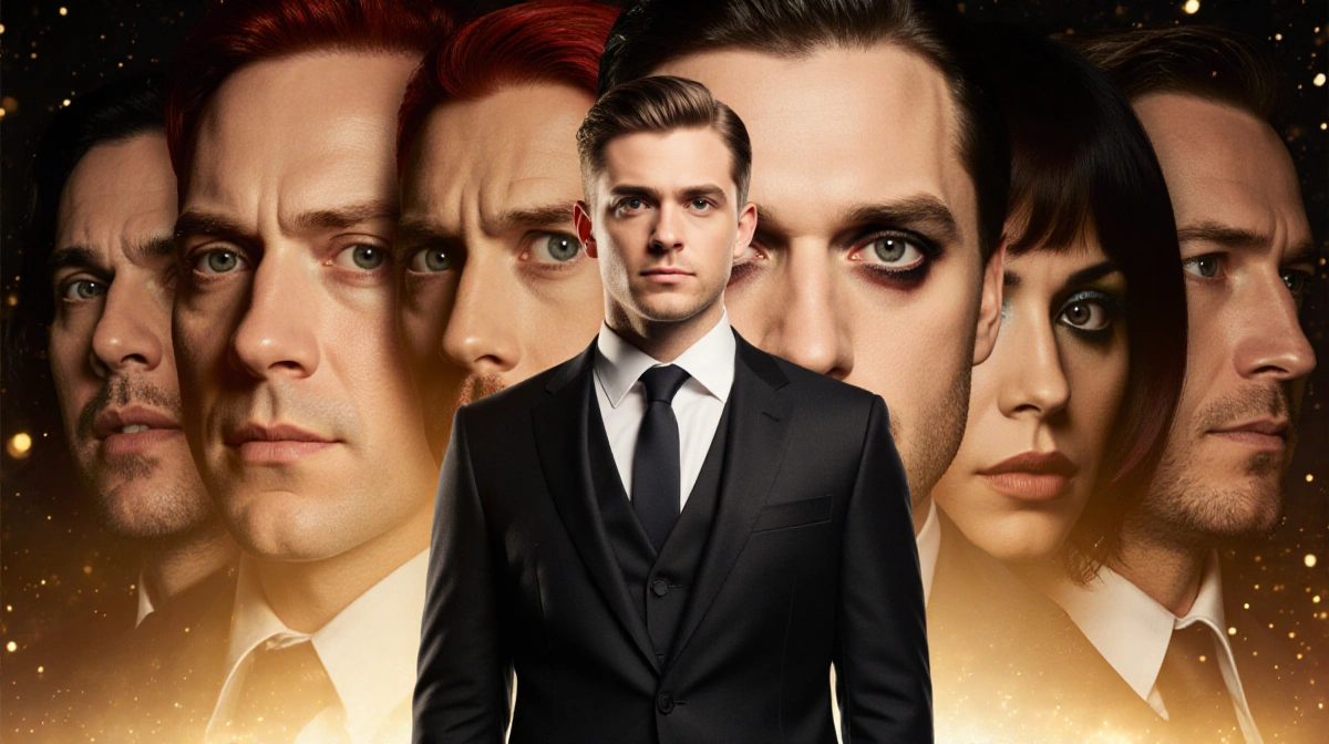 Evan Peters stands in front of his American Horror Story character collage with golden Hollywood lighting and tailored suit