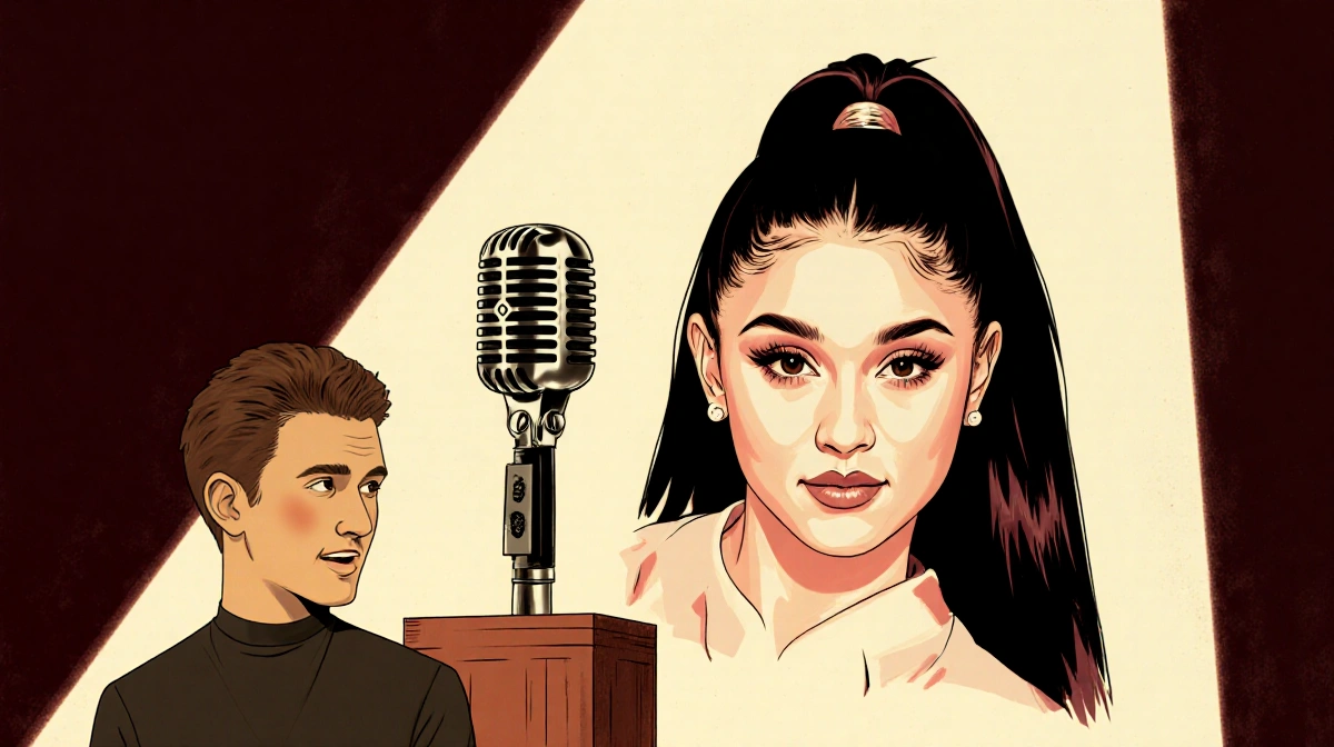 Evan Peters stands with microphone-shaped spotlight showing Ariana Grande's face with American Horror Story logo in backgroun