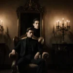 Evan Peters sits in ornate chair with Ariana Grande
