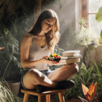 Evangeline Lilly sits on a stool with a bowl of supplements and nutrition books in hand, light amid greenery