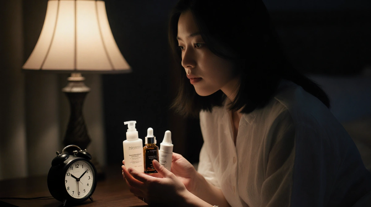 Woman holding skincare products with bedside clock showing 7 p.m. and soft lamp light on her face