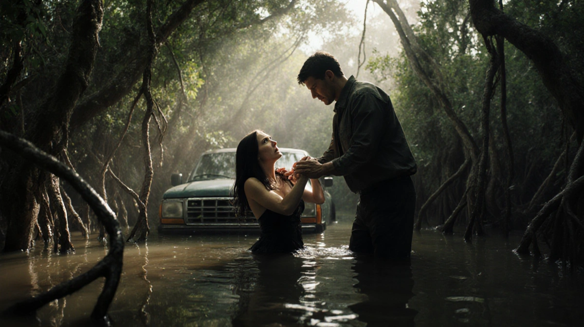 Braddy gripping terrified woman's arms beside Everglades car with mangroves and murky water surrounding them