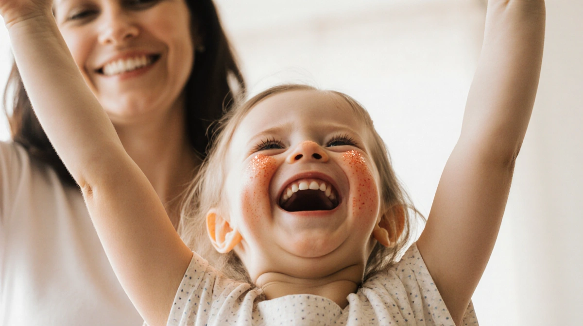 Evie laughing with arms raised and her mom smiling behind her showing family bonding and joy