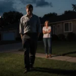Man standing near Ohio home with dentist sign and surveillance monitor showing grainy footage