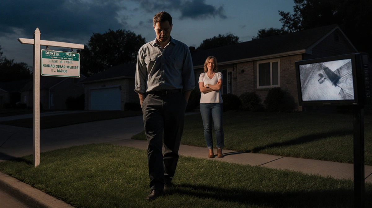 Man standing near Ohio home with dentist sign and surveillance monitor showing grainy footage