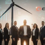 Excelerate Energy team stands confidently with wind turbine behind them showing company logo