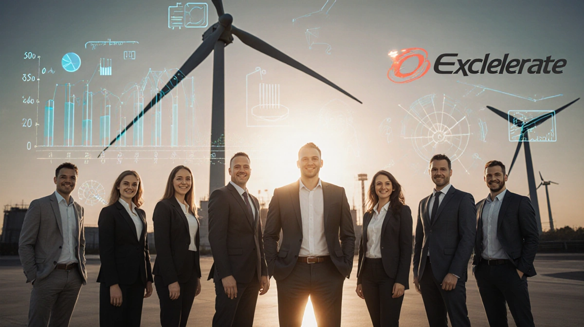 Excelerate Energy team stands confidently with wind turbine behind them showing company logo
