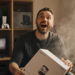 Man reacting with surprise to a falling box revealing a customized gaming console with tech gadgets on shelf behind him