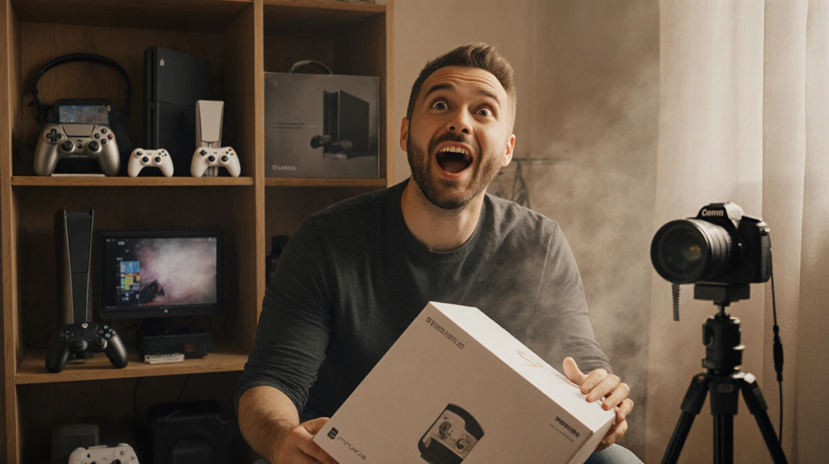 Man reacting with surprise to a falling box revealing a customized gaming console with tech gadgets on shelf behind him